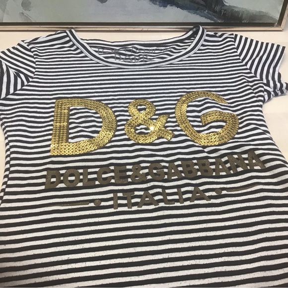 Vintage Y2K, Dolce & Gabbana Navy Striped Tee with Embroidered Gold Sequins - Picture 1 of 4